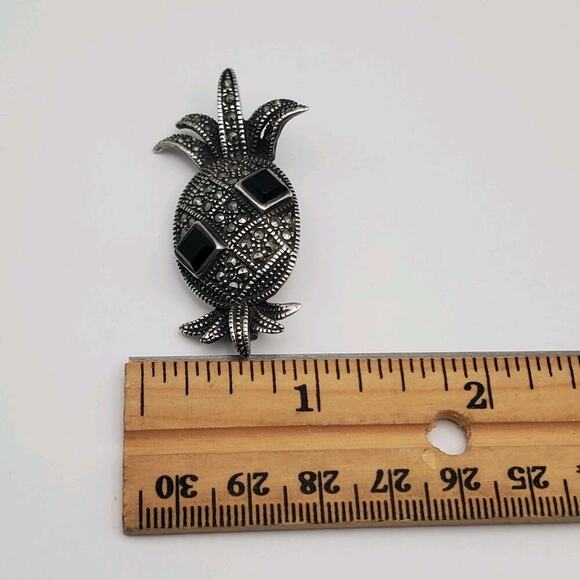 925 Sterling Silver Vintage Black Onyx & Marcasite Pineapple Art-Deco Pin Brooch - Picture 9 of 11